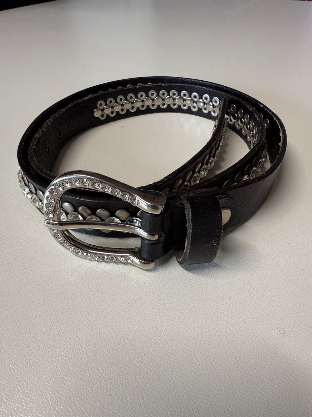 Black Studded Women's Leather Belt with Rhinestone Buckle
